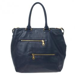 Pre Owned Prada Navy Calf Skin Zipper Tote