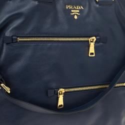 Pre Owned Prada Navy Calf Skin Zipper Tote