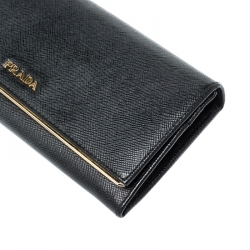 Pre Owned Prada Black Saffiano Metal Leather Metal Bar Wallet
