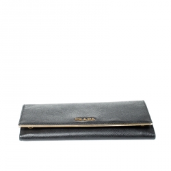 Pre Owned Prada Black Saffiano Metal Leather Metal Bar Wallet