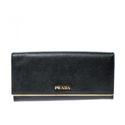 Pre Owned Prada Black Saffiano Metal Leather Metal Bar Wallet
