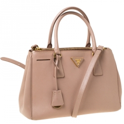Pre Owned Prada Nude Saffiano Lux Leather Small Double Zip Tote