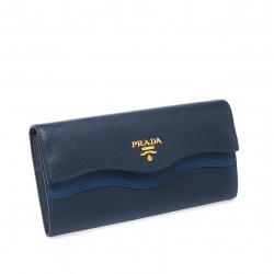 Pre Owned Prada Blue Saffiano Lux Leather Wave Continental Wallet