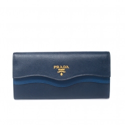Pre Owned Prada Blue Saffiano Lux Leather Wave Continental Wallet