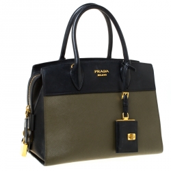 Pre Owned Prada Military Green and Black City Leather Medium Esplanade Satchel