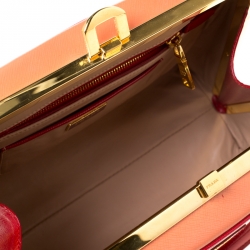 Pre Owned Prada Red/Orange Saffiano Parent Leather Pyramid Frame Top Handle Bag