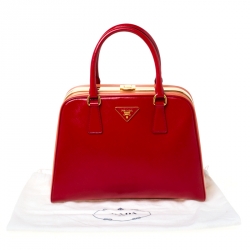 Pre Owned Prada Red/Orange Saffiano Parent Leather Pyramid Frame Top Handle Bag