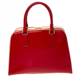 Pre Owned Prada Red/Orange Saffiano Parent Leather Pyramid Frame Top Handle Bag