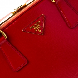Pre Owned Prada Red/Orange Saffiano Parent Leather Pyramid Frame Top Handle Bag