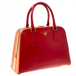 Pre Owned Prada Red/Orange Saffiano Parent Leather Pyramid Frame Top Handle Bag