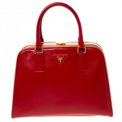 Pre Owned Prada Red/Orange Saffiano Parent Leather Pyramid Frame Top Handle Bag