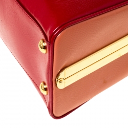 Pre Owned Prada Red/Orange Saffiano Parent Leather Pyramid Frame Top Handle Bag