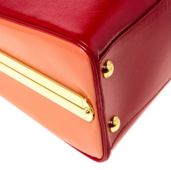 Pre Owned Prada Red/Orange Saffiano Parent Leather Pyramid Frame Top Handle Bag