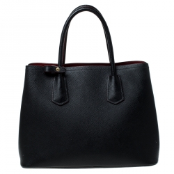 Pre Owned Prada Black Saffiano Cuir Leather Medium Double Handle Tote