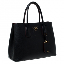 Pre Owned Prada Black Saffiano Cuir Leather Medium Double Handle Tote