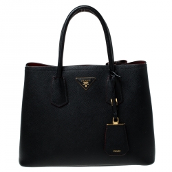Pre Owned Prada Black Saffiano Cuir Leather Medium Double Handle Tote