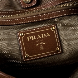 Pre Owned Prada Khaki Canvas and Leather Jacquard Logo Tote