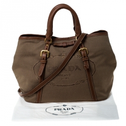 Pre Owned Prada Khaki Canvas and Leather Jacquard Logo Tote