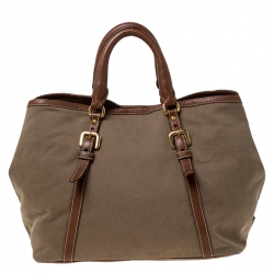 Pre Owned Prada Khaki Canvas and Leather Jacquard Logo Tote