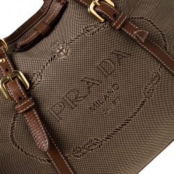Pre Owned Prada Khaki Canvas and Leather Jacquard Logo Tote