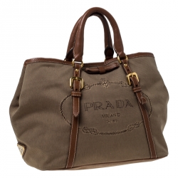 Pre Owned Prada Khaki Canvas and Leather Jacquard Logo Tote