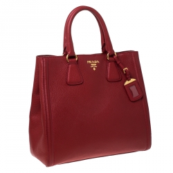 Pre Owned Prada Red Leather Vitello Daino Shopper Tote