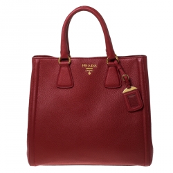 Pre Owned Prada Red Leather Vitello Daino Shopper Tote