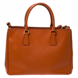 Pre Owned Prada Orange Saffiano Lux Leather Medium Double Zip Tote