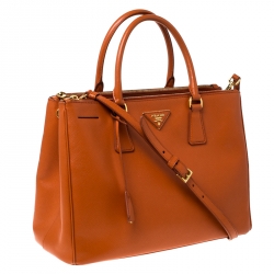 Pre Owned Prada Orange Saffiano Lux Leather Medium Double Zip Tote