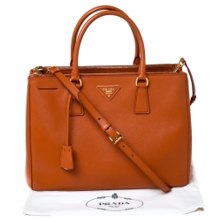 Pre Owned Prada Orange Saffiano Lux Leather Medium Double Zip Tote