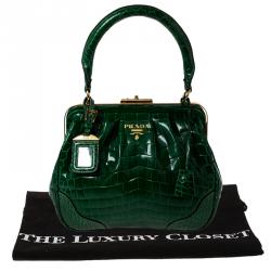 Pre Owned Prada Green Crocodile Frame Top Handle Bag
