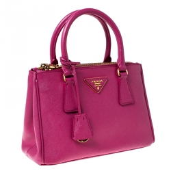 Pre Owned Prada Hot Pink Saffiano Lux Leather Mini Double Zip Tote