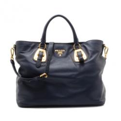 Pre Owned Prada Navy Baltico Soft Calf Leather Tote