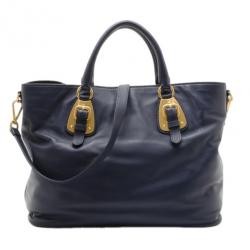 Pre Owned Prada Navy Baltico Soft Calf Leather Tote