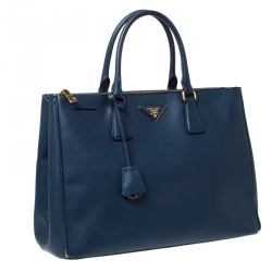 Pre Owned Prada Blue Saffiano Lux Leather Large Double Zip Tote