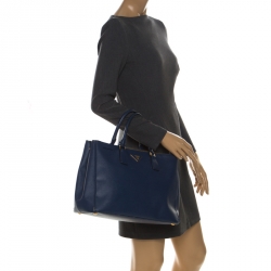 Pre Owned Prada Blue Saffiano Lux Leather Large Double Zip Tote