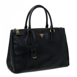 Pre Owned Prada Black Saffiano Lux Leather Medium Double Zip Tote