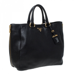 Pre Owned Prada Black Leather Vitello Diano Side Zip Tote
