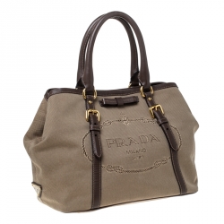 Pre Owned Prada Beige/Brown Jacquard Logo Canvas Bow Shoulder Bag
