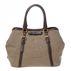 Pre Owned Prada Beige/Brown Jacquard Logo Canvas Bow Shoulder Bag