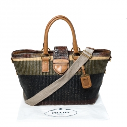Pre Owned Prada Multicolor Woven Raffia and Python Leather Shoulder Bag