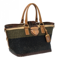 Pre Owned Prada Multicolor Woven Raffia and Python Leather Shoulder Bag