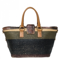 Pre Owned Prada Multicolor Woven Raffia and Python Leather Shoulder Bag