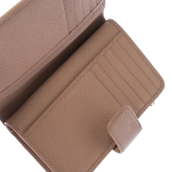Pre Owned Prada Beige Saffiano Leather Zip Around Compact Wallet