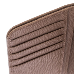 Pre Owned Prada Beige Saffiano Leather Zip Around Compact Wallet