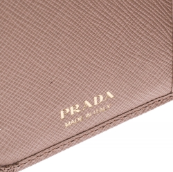 Pre Owned Prada Beige Saffiano Leather Zip Around Compact Wallet