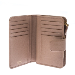 Pre Owned Prada Beige Saffiano Leather Zip Around Compact Wallet