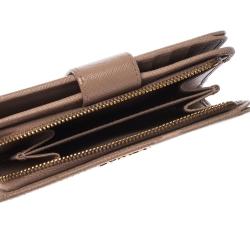 Pre Owned Prada Beige Saffiano Leather Zip Around Compact Wallet