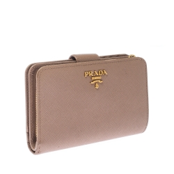 Pre Owned Prada Beige Saffiano Leather Zip Around Compact Wallet