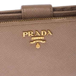 Pre Owned Prada Beige Saffiano Leather Zip Around Compact Wallet